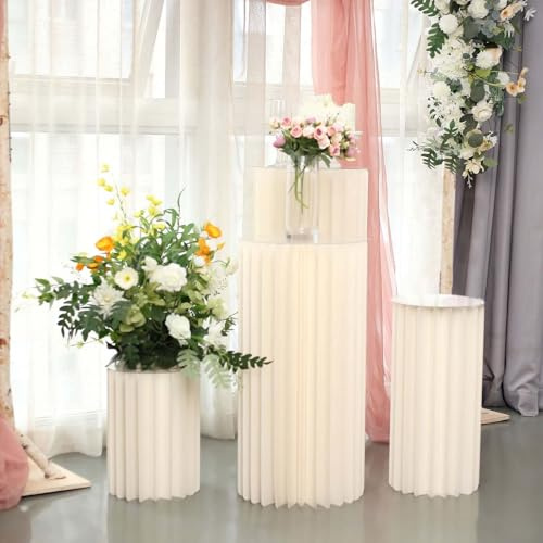 Efavormart 40 Ivory DIY Accordion Cylinder Cardboard Folding Pillar Pedestal Box, Display Column Stand With Round Top Plate