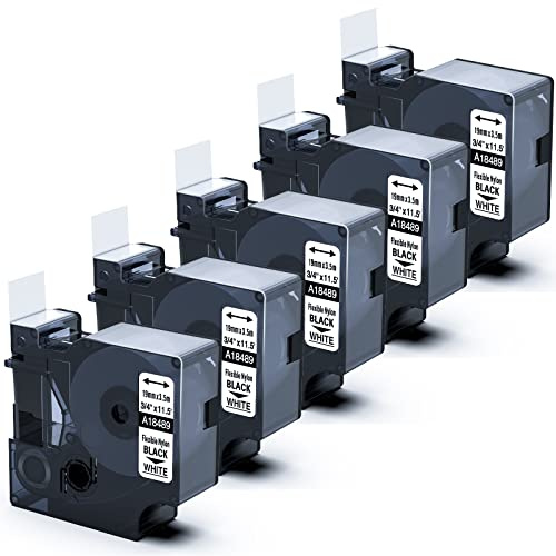 MarkField 5xKompatibel mit Dymo Rhino 18489 19mm Flexible Nylon Schriftband | 18489 Schwarz auf Weiß Bänder Industrial Flexiblen Etiketten Kompatibel mit Dymo Rhino 4200 5000 5200 6000 Etikettiergerät