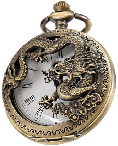 Tiong Vintage Hollow Engraved Dragon Pocket Watch with Chain Necklace Unique Roman Numerals Men Pocket Watches