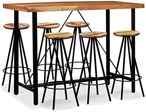 Chusui 7-TLG. Bar-Set, Bartisch Mit Barhocker Set, Hochtisch Mit Stühlen Set, Esstisch Mit Stühlen, Küchentheke Mit Hocker, Massivholz Akazie und Altholz