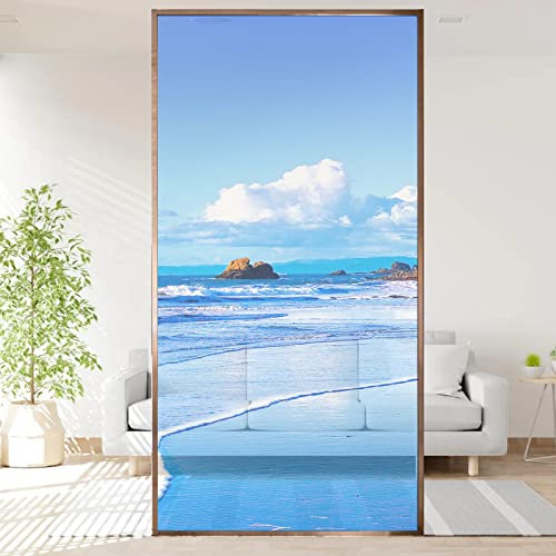 Film Occultant Fenêtre, Film pour fenêtre, Film Electrostatique vitre Non Adhésif, Film Fenetre Anti Regard, Paysage marin de la plage Brise Vue Anti UV, pour de Cuisine de Chambre à Coucher 90X200 CM