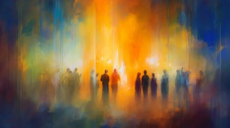 adrium Acryl-Bild 110 x 60 cm: Abstraktes Gemälde einer Gruppe von Menschen, die durch die Stadt gehen. Bunter Hintergrund, generative KI (205679690)
