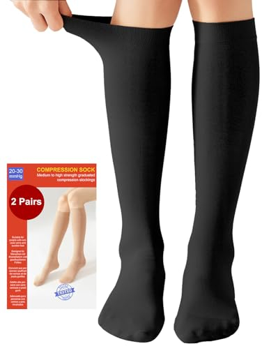 2 Paia Medicale Calze Compressione Graduata Donna e Uomo 20-30mmHg Classe 2, Calze Antitrombo Elastiche per Vene Varicose, Edema, Volo a Lungo Raggio (2x Nero, XL)