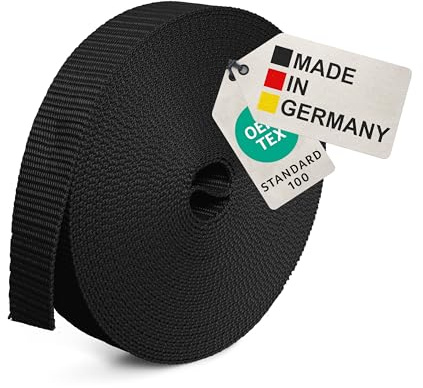 BAUHELD® 10m Universal Gurtband 20mm [Made in Germany] - Gewebe Montage-Band aus Polypropylen - Gurt zum Befestigen, Nähen oder Zubehör für Rucksack, Koffer, Steck-Schnalle, Spannriemen - Schwarz