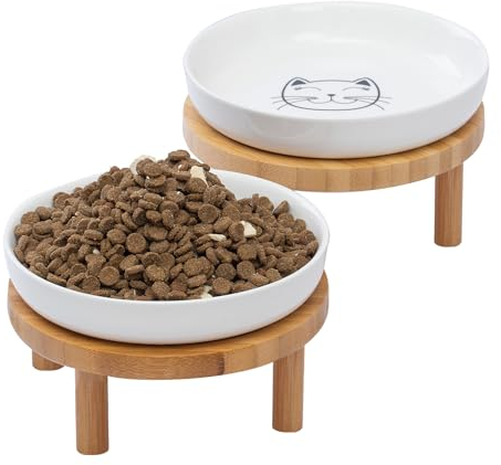 Lusifaco Keramik Katzennapf Erhöht, 15 cm Breite, Erhöhter Katzennapf aus Keramik mit Bambusständer, Schnurrhaarfreundliche Katzen Futternapf, Futterstation Katze, Fressnapf Kätzchen(2er-Set)