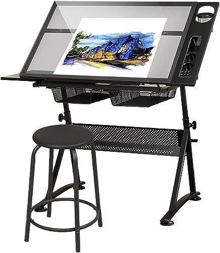 MaGiLL Multifunktionaler Zeichentisch aus Glas, höhenverstellbarer Zeichentisch mit 2 Schubladen, neigbarer Schreibtisch, Kunsttisch