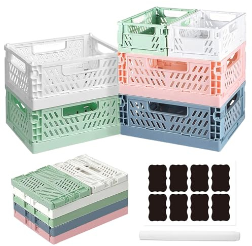 Ruucy 6 Pcs Collapsible Storage Crates, 4 Pcs Plastic Crates 20x15x9cm + 2 Pcs Mini Foldable Crate 15x10x5.8cm + White Marker + Sticker, Pastel Crate Desktop Storage Box for Office Kitchen Bathroom