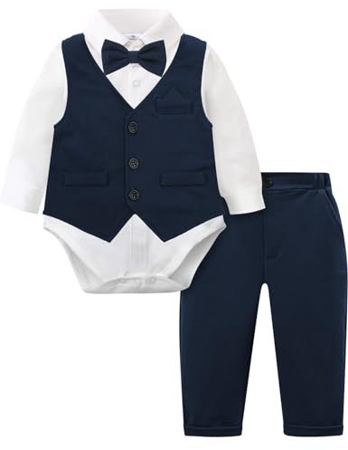 mintgreen Completo Elegante Bambino, Abito Bimbo Battesimo Body Cappotto Vestiti Set, Blu Scuro, 6-9 Mesi, 70