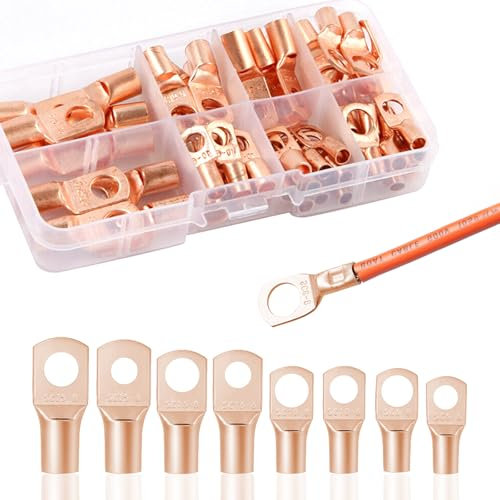 60Pcs Ring Terminal Connectors - 8 Type Battery Terminal Connectors, Heavy Duty Copper Crimp Connectors Cable Lugs SC Ring Crimps Terminals for Electric, Auto