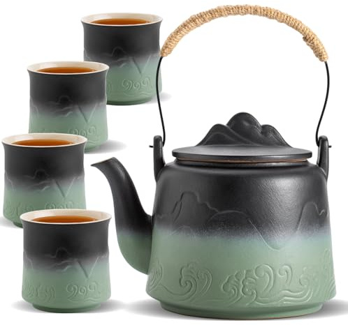 ZENS Japanische Teekanne Keramik Mit 4 Tassen, Teeservice für Losen Tee | Matte Geprägtem Teekanne Japanisch mit Siebe, Design Teapot mit Hanfseilgriff für Losen Tee, Schwarz & Bohne grün