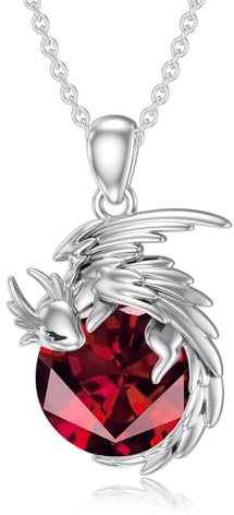 SLIACETE 925 sterling silver drakkedja för kvinnor rosenkvarts/månsten/födelsesten och drake hänge kedja silver drake halsband drake smycken gåva för drakälskare, 20 x 16,5 mm, Sterlingsilver, Granat