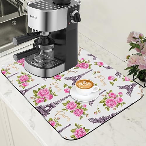 Torre Eiffel con rosa rosa tappetino assorbente per scolapiatti per bancone della cucina, nasconde le macchie, retro in gomma, accessori da bar adatto sotto la macchina per caffè espresso, scolapiatti