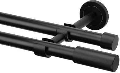 Ventanara® Gardinenstange schwarz matt 19mm 2-läufig mit Endstücken und Halterungen für Wandmontage (Zylinder, 200 cm / 2-läufig/Wand)