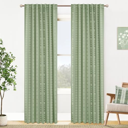 Light Sage Green Curtains 96 Inches Long 2 Panel Set,Boho Patterned 70% Blackout Room Darkening Black Out Whimsical Curtains for Bedroom Living Room