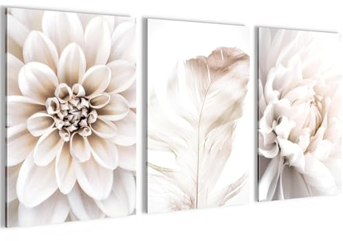 Novart Bilder Set Blumen Vintage - Kein Extra Rahmen benötigt - Wandbilder für Wohnzimmer Schlafzimmer Flur - 3 Teilig Deko Grau Rosa - N033536a