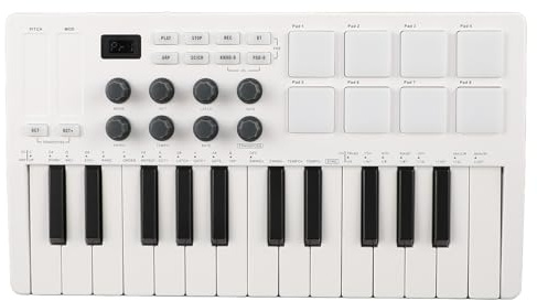 Universeller MIDI-Controller, 25-Tasten-USB-MIDI-Keyboard-Controller mit 8 Hintergrundbeleuchteten Drum-Pads, 8 Zuweisbaren Reglern, für Studioproduktion, Virtuelle