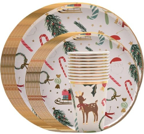 Ymxygz Set di Piatti E Tazze di Carta Natalizia, 10 Set di Stoviglie per Babbo Natale con Tazze, Decorazioni per Feste a Tema di Buon Natale