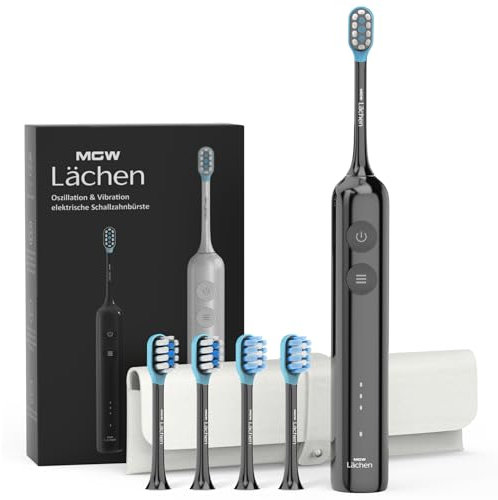 MGW Lächen Series Electric Toothbrush, Oscillation & Vibration Electric Sonic Toothbrush with 4 Brush Heads, 3 Modes & 3 Vibration Levels with Travel Bag (Black, Circular)