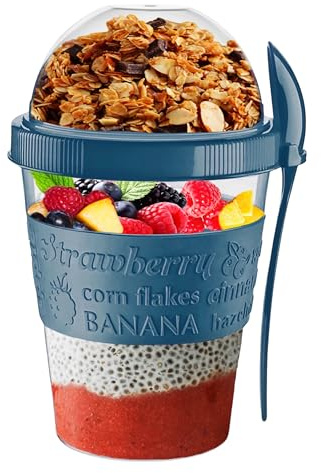 VL Yogurt Pots Spoon Reusable 600ML Overnight Oats Muesli Cup with Lid BPA free Breakfast Cereal To Go Dishwasher Safe Snack Lunch Oatmeal Jars Travel Meal Food Container 20 oz (Glacier Teal)