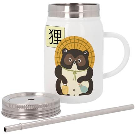 Mug Isotherme en Inox avec Couvercle et Paille - Tanuki Raton-laveur Japon Asie Culture Illustration Kawai - 500 ml - Tasse Thermo