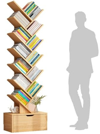 4/5/6/7 Livelli Libreria Ad Albero, Pavimento Alto E Sottile In Piedi Libreria Con Cassetto E Ancoraggio A Parete Scaffalature Espositive In Legno Scaffale Di Stoccaggio Per I Libri,(Size:34x20x158cm)