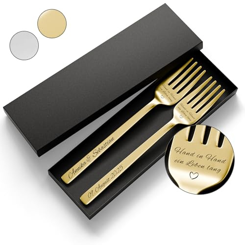 SMARTEON Gabel Set mit personalisierter Gravur – Hochzeitsgeschenke für Brautpaar, Geburtstag, Jubiläum, Geschenkidee für Paare – Kuchengabeln mit Namen mit Geschenkbox (Design 4, Gold)