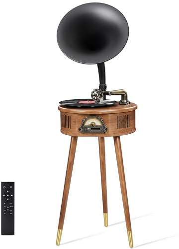 POCDOKYZ Giradischi grammofono in Stile Italiano Vintage – Giradischi Bluetooth/USB/FM, Compatibile con Dischi in Vinile e pellicole da 7/10/12, Design Classico con treppiede in Legno,B