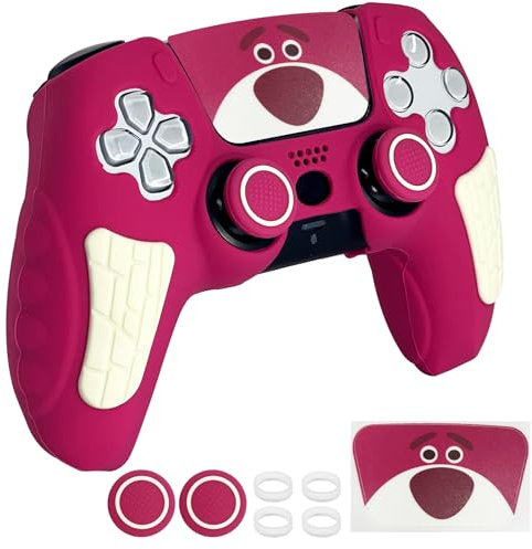 HLRAO Rose Pink Anti Slip Cartoon PS5 Controller Skin Set,Soft Protective Cover Case for PlayStation 5 Wireless Controller with Touch Pad Stickers and 2 Thumb Grip Caps