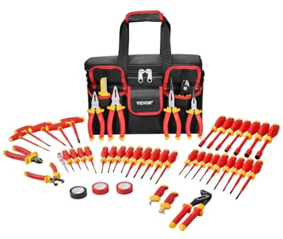 VEVOR Jeu de Tournevis Isolés 50PCs, Ensemble d'Outils Isolés pour Électriciens Professionnel 1000 V, avec Embouts Magnétiques, Clé Hexagonale à Poignée en T et Testeur de Tension Unipolaire