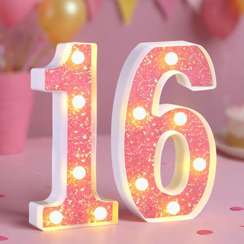 16th Birthday Decorations LED Light Up Numbers, Pink Marquee Number Lights for Girls, Light 16 Sign for Birthday Party Backdrop Anniversary Home Decor