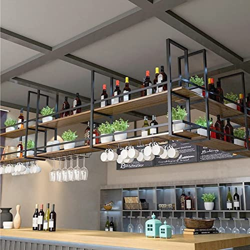 Portabicchieri da Vino sospeso - Mensola da soffitto, Portabottiglie da soffitto a 2 Livelli, Portavasi in Ferro battuto e Legno massello/Portabicchieri da Vino, Espositore da Cucina retrò e