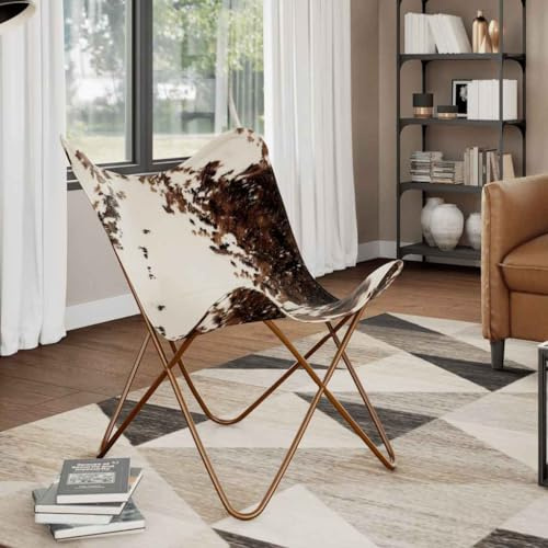 QJBSAVVA Butterfly Sessel aus echtem Kuhfell Vintage Design Braun Weiß 74 x 66 x 90 cm Ergonomischer Loungesessel mit Eisenrahmen für Wohnzimmer Balkon und Schlafzimmer