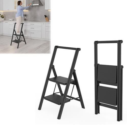 SAILUN Folding Step Ladder, 2-Step, With Handrail, Steel Construction, Non-Slip Rubber Mats, Widened Steps, 250KG Load Capacity, Suitable for Home, Office, Garage, Black