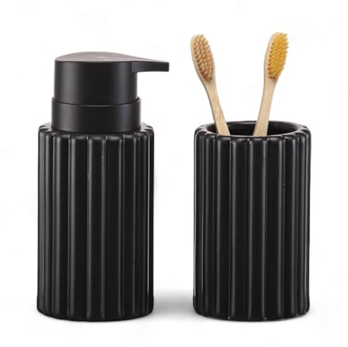 Set bagno in ceramica nero opaco – Dispenser sapone liquido grande capacità 325 ml + Bicchiere porta spazzolini, accessori bagno moderni coordinati