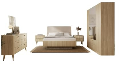 Camera Matrimoniale Completa con Armadio 4 Ante, Letto Contenitore 160x200, Comodini e Cassettiera Stile Naturale e Moderno in Rovere Chiaro CDLLK12 (Letto + rete + materasso, Matrimoniale)