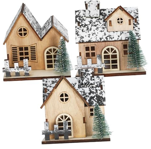 HEMOTON 3stücke Beleuchtete Häuser Aus Holz Weihnachts-minihäuser Holzhäuser Für Weihnachtsdörfer -Haus-Sets Miniatur-weihnachtshäuser Aus Holz Weihnachts-led-Lichter-holzhaus Basteln Mit
