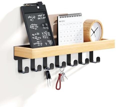 SWTYMIKI Schlüsselbrett mit Holztablett und 7 Haken - Multifunktionales Schlüsselhalter/Schlüsselboard, Schlüsselbrett mit Ablage für Flur, Schlafzimmer & Küche, Hängen Küchenbesteck