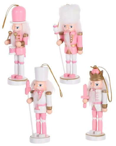 VICASKY 4pcs Pink Wooden Nutcracker Soldiers Christmas Desktop Puppets Sturdy Holiday Table Decorations Traditional Xmas Figurines for Shelves and Mantels