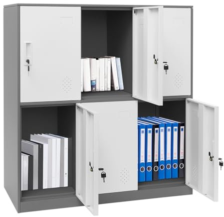 RUETERY Kontorsskåp, förvaringsskåp med 6 enkellås, 100 kg lastkapacitet, robust metallskåp, stålspindel för skolkontor, 90 x 42 x 100 cm