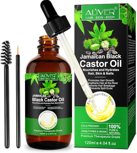 Aliver Organic Jamaican Black Castor Oil, Cold Pressed Hair Growth Serum for Scalp Treatment, Eyebrows, Eyelashes, Nails & Skin Care, Pure Moisturizing Beauty Oil for Dry Hair & Body Care (120ml)