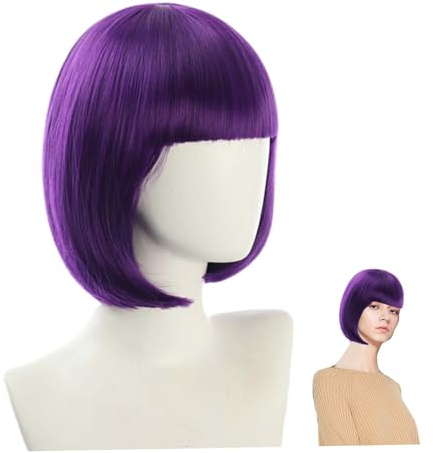 Parrucca corta viola Parrucca 12 pollici diritta viola scuro con frangia Fibra sintetica resistente al calore regolabile traspirante dall'aspetto naturale per Halloween, feste, cosplay..