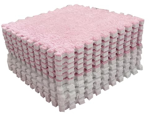 10PCS Plush Puzzle Foam Floor Mat, Soft Cuttable Square Rug Rugs Carpet Interlocking Foam Tiles Blocking Mats for Parlor Bedroom Decoration (Pink White)