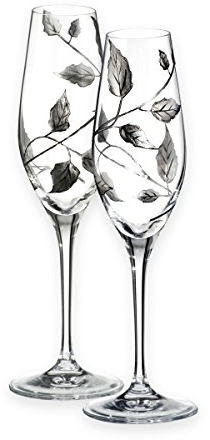 Coppia di calici da champagne in vetro soffiato e decorato a mano, di qualità, con foglie argentate, per 25° anniversario di matrimonio