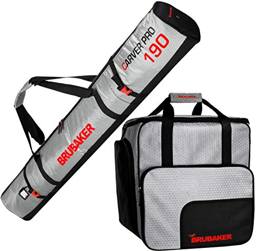 BRUBAKER Kombi Set CarverTec Pro - Skisack und Skischuhtasche für 1 Paar Ski + Stöcke + Schuhe + Helm - Silber Rot - 190 cm