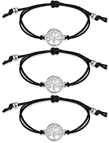 3 Stücke Baum Armband Verstellbare Armband Schwarz Textilband Geschenk für Freundschaft, Danke, Wünschen (Schwarz)