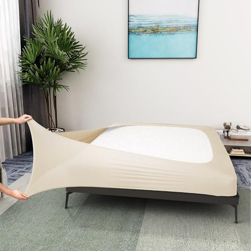 Boxspring-Abdeckung, Queen-Size-Größe, Jersey-Strick & dehnbar, 4 Seiten, Bettrock für Hotel & Zuhause, Queen/Queen, XL, Beige