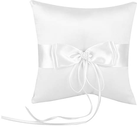 Tyenaza Wedding Ring Pillow, Lovely Bud Wedding Pocket Ring Pillow Cushion Bearer, White Bowknot Ring Bearer Pillow Holder(20 * 20CM)