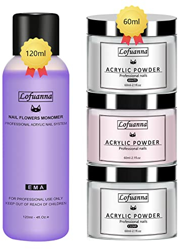 Lofuanna Acryl Nagelset Acrylpulver und Flüssigkeiten Set,120ml Acryl liquid Monomer,60g 3 Farben(Klar,Weiß ,Rosa) Acrylpulver für Acrylnägel Starterset（Set1）