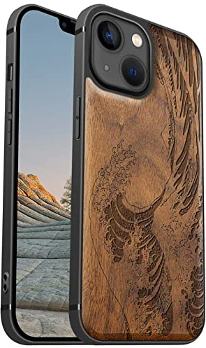 Carveit Coque magnétique en bois pour iPhone 13 Mini - Bois véritable dur et TPU souple - Résistante aux chocs - Coque de protection en bois compatible avec MagSafe (vague Kanagawa-noyer)