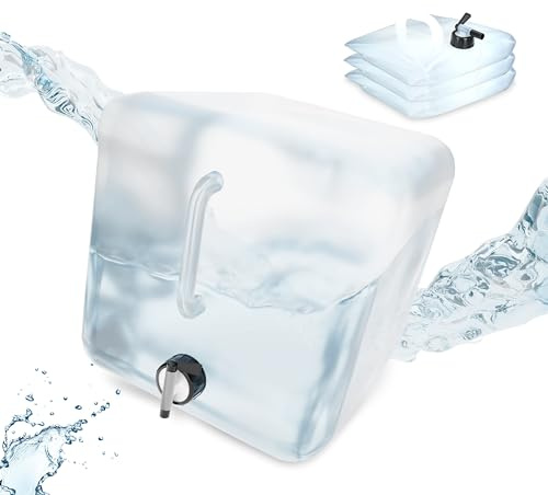 Relaxdays Pack 4 Bidones Plegables, Garrafas Agua Cuadradas, Grifo y Asa, Volumen 20 L, sin BPA, Transparente y Negro